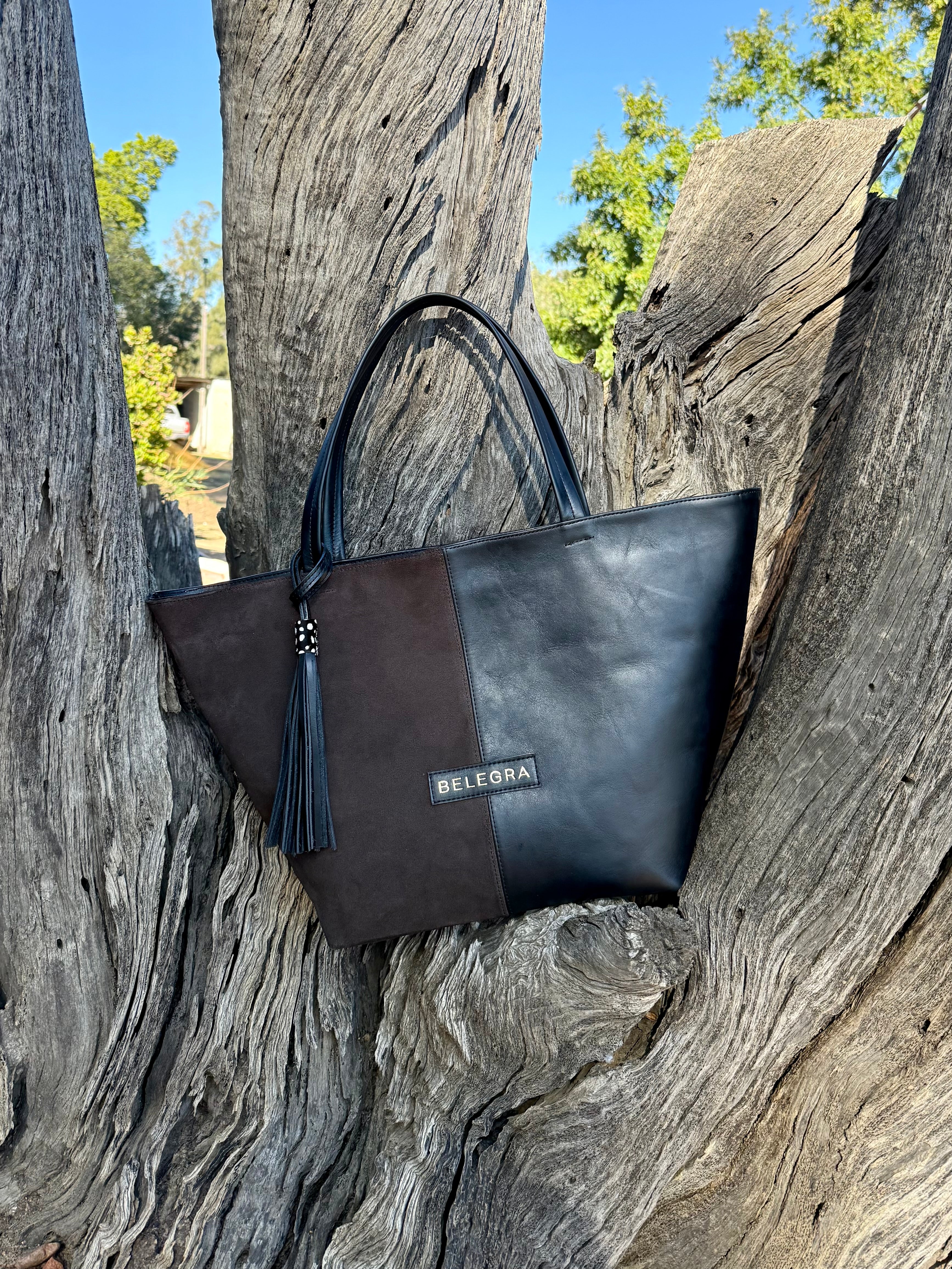 Amara Tote: Brown Suede & Black