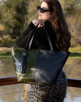 Amara Tote: Green Croc Print & Black