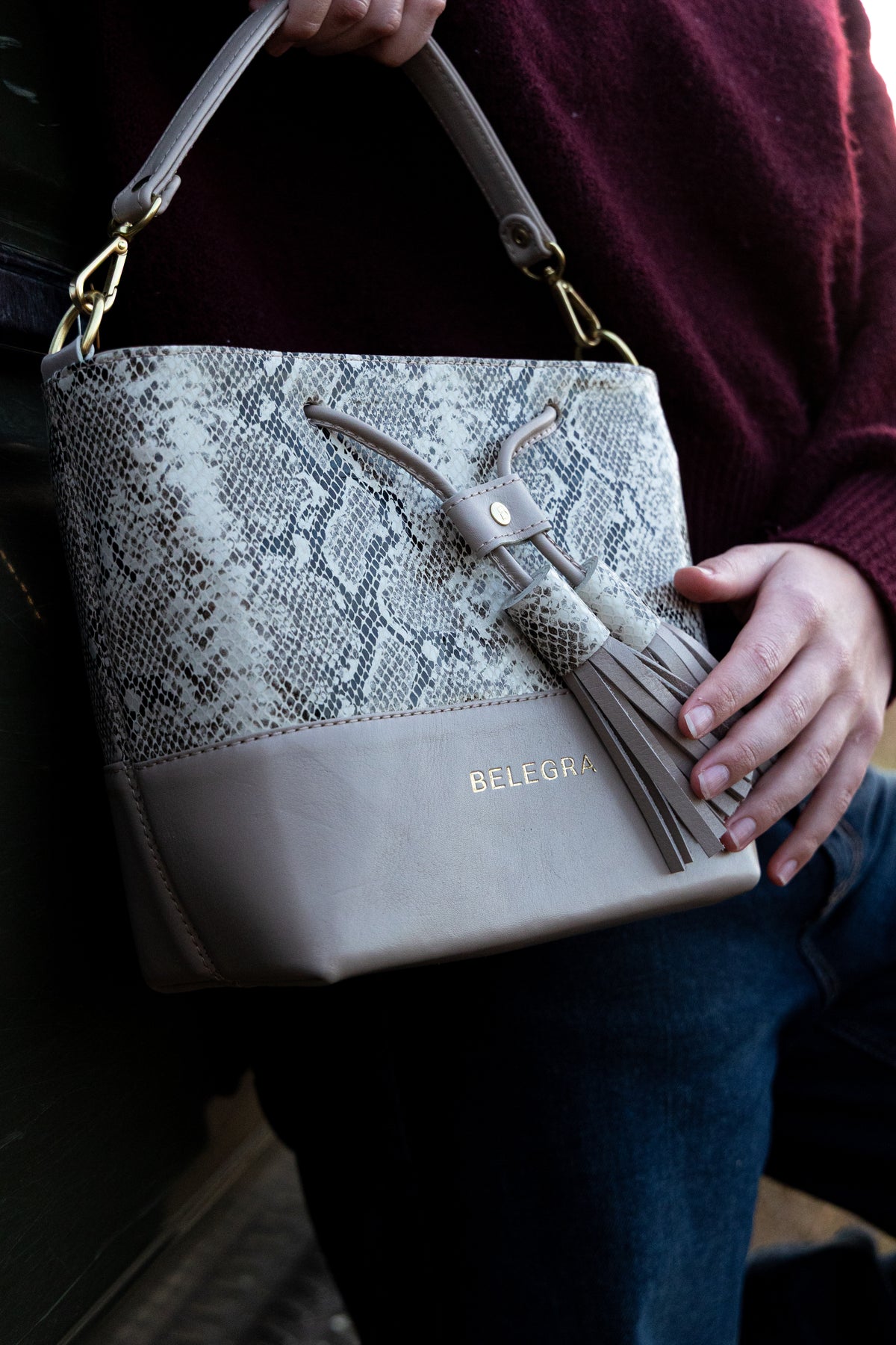 Mara Bucket: Snake Print & Taupe