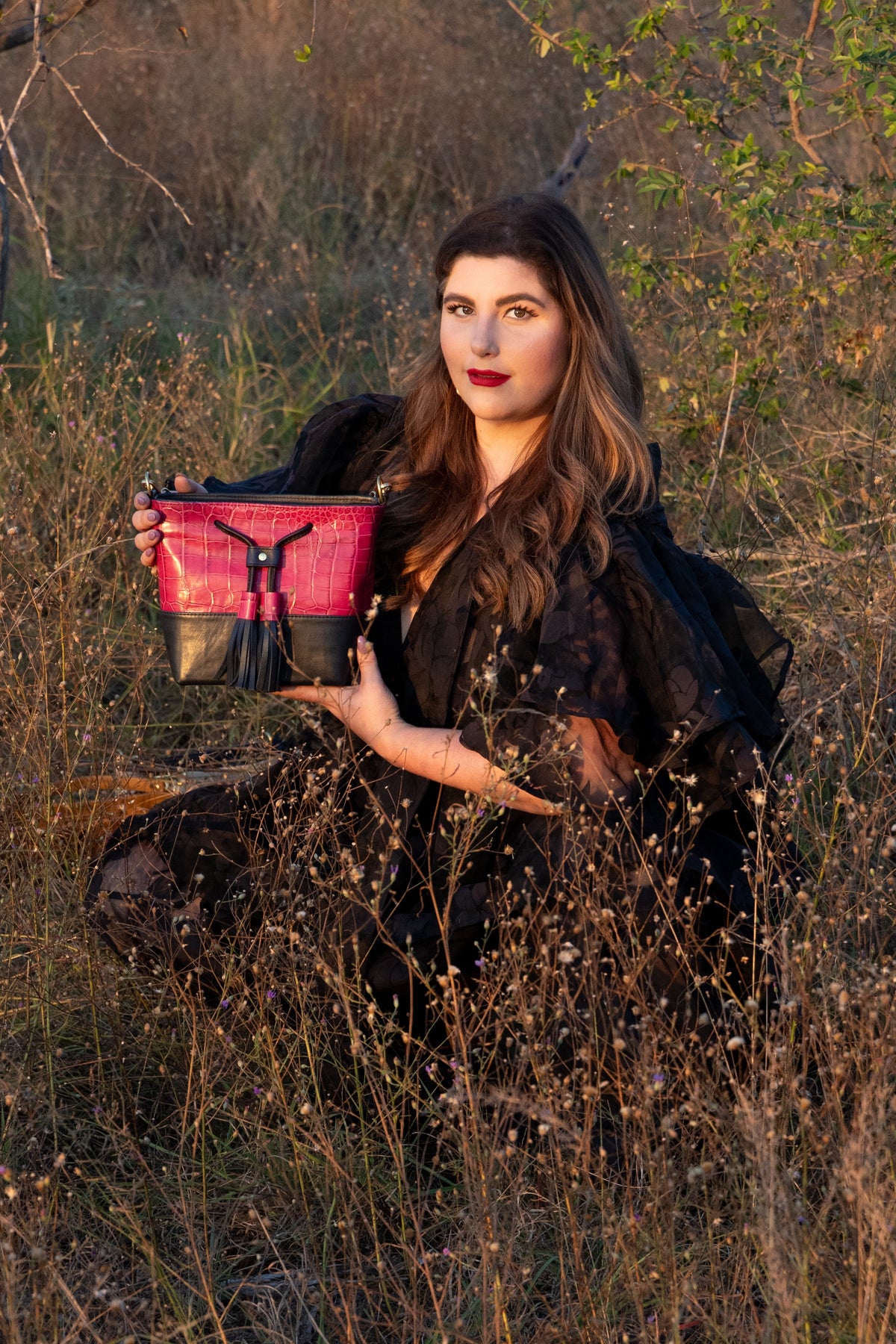 Mara Bucket: Deep Pink Croc Print & Navy
