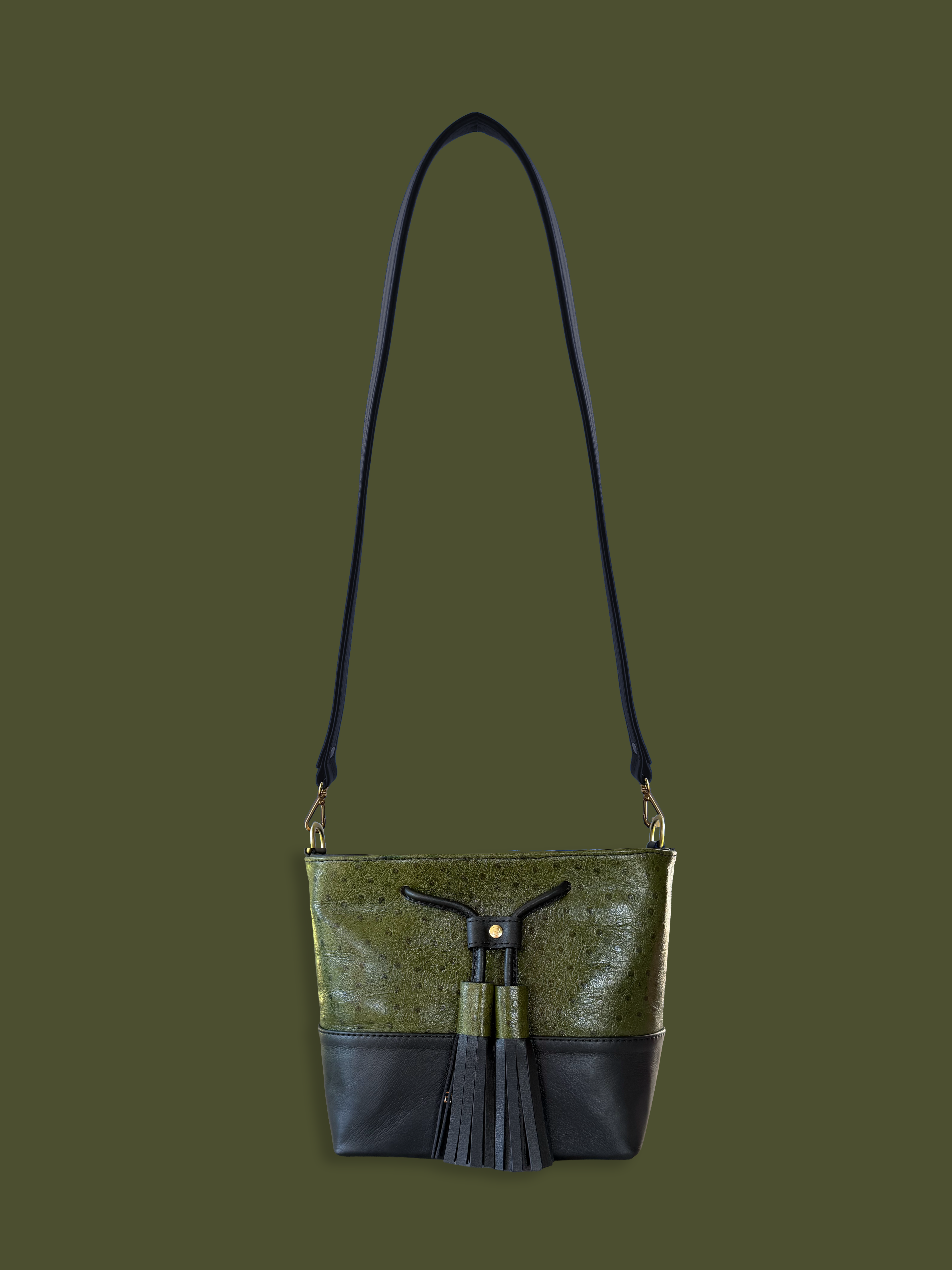 Mara Bucket: Navy & Green Ostrich Print