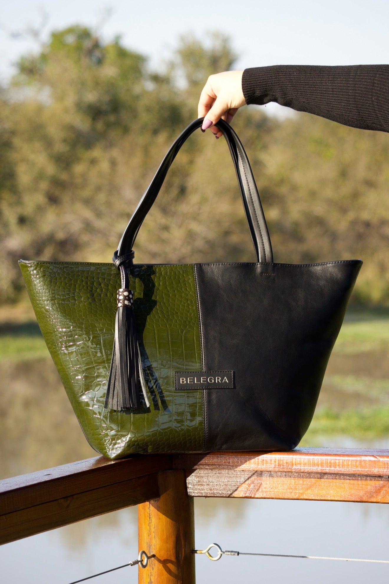 Amara Tote: Green Croc Print & Black