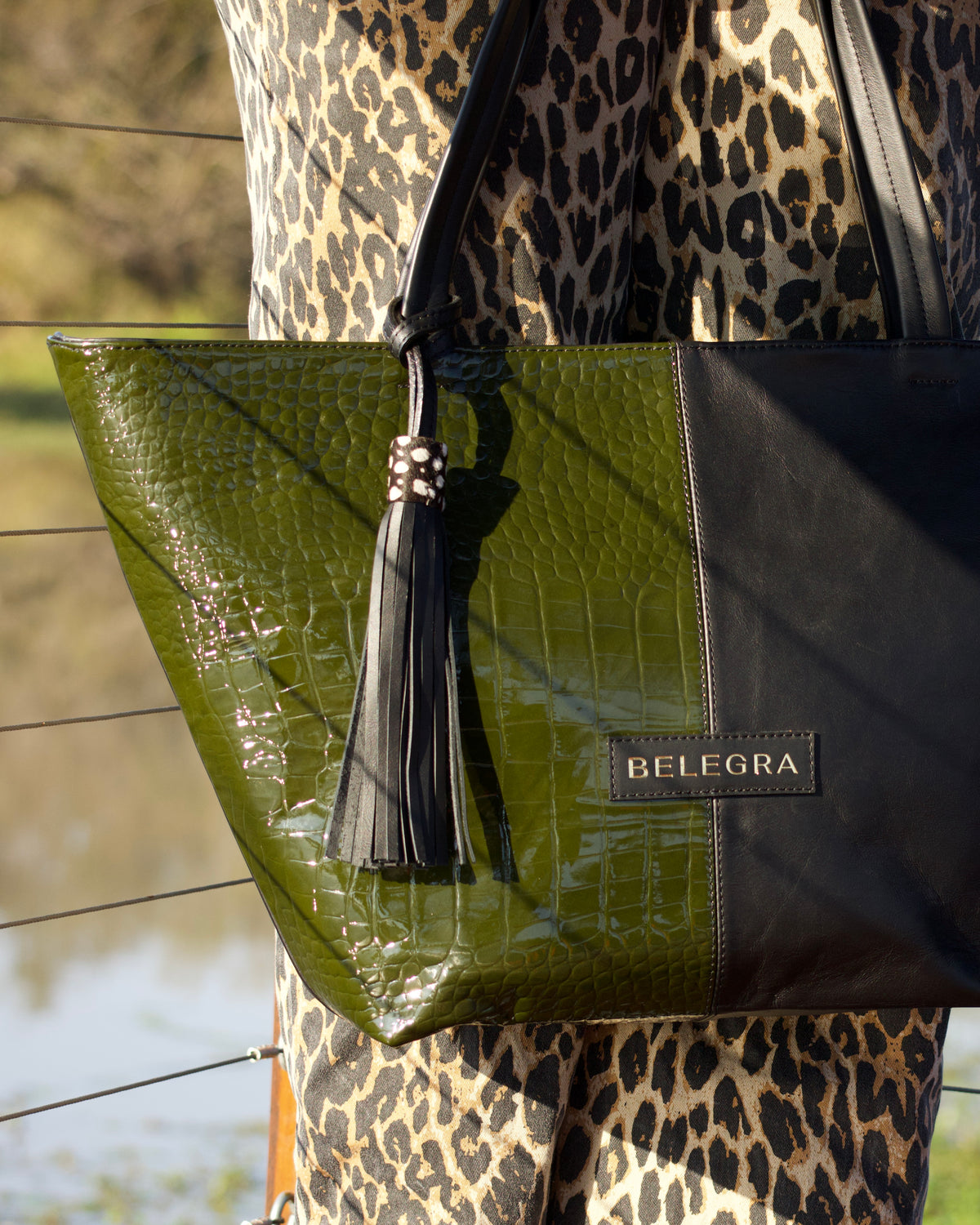 Amara Tote: Green Croc Print & Black