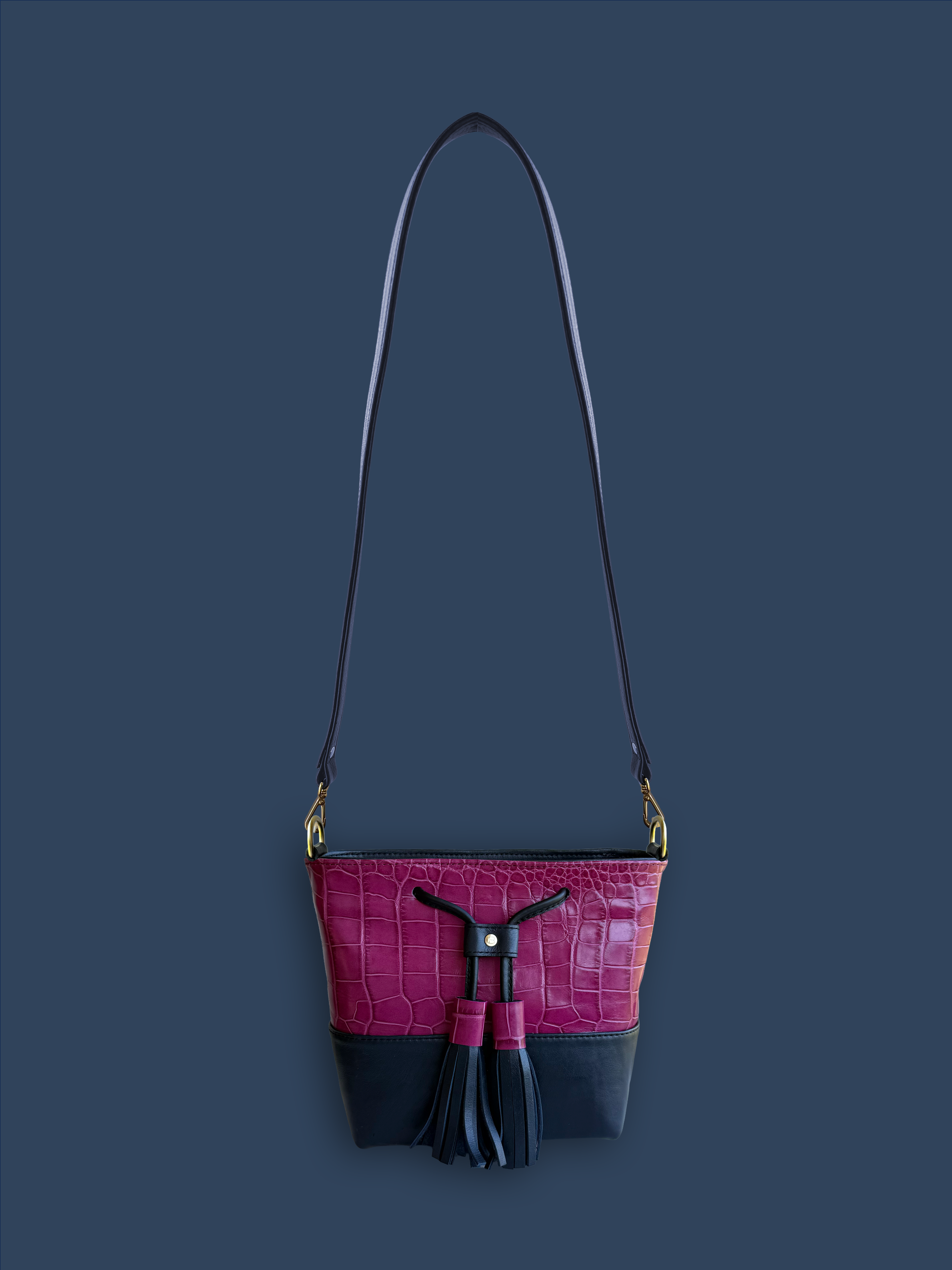 Mara Bucket: Deep Pink Croc Print & Navy