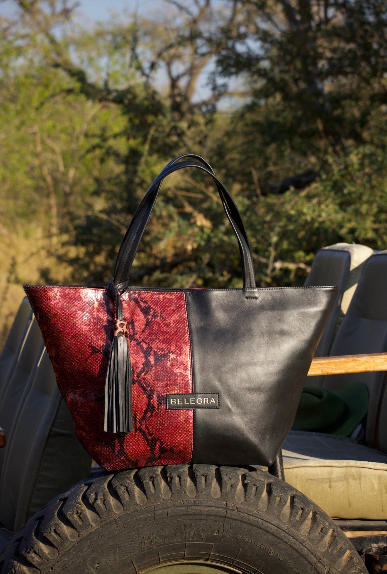 Amara Tote: Black & Shimmer Red Snake Print