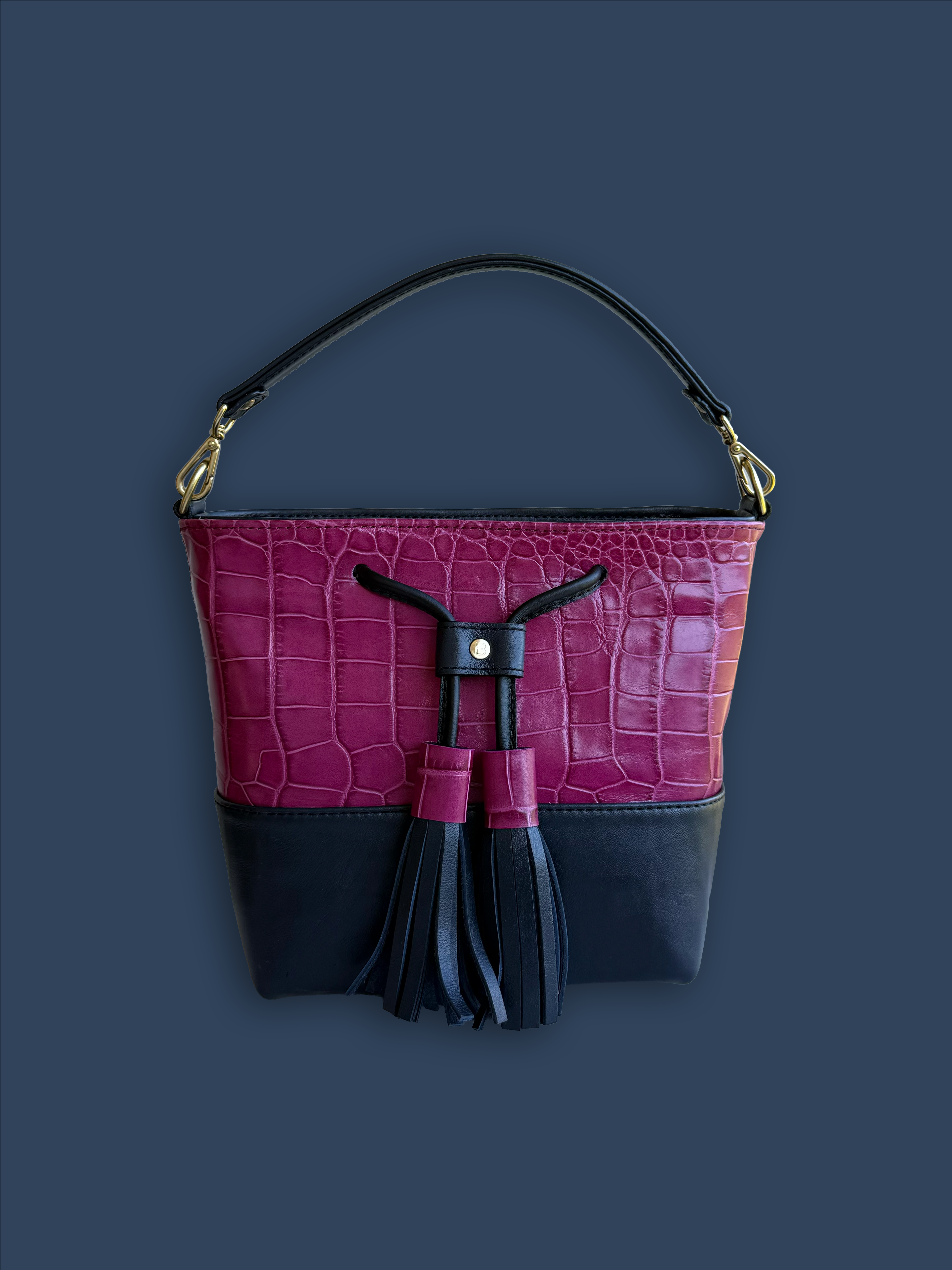 Mara Bucket: Deep Pink Croc Print & Navy