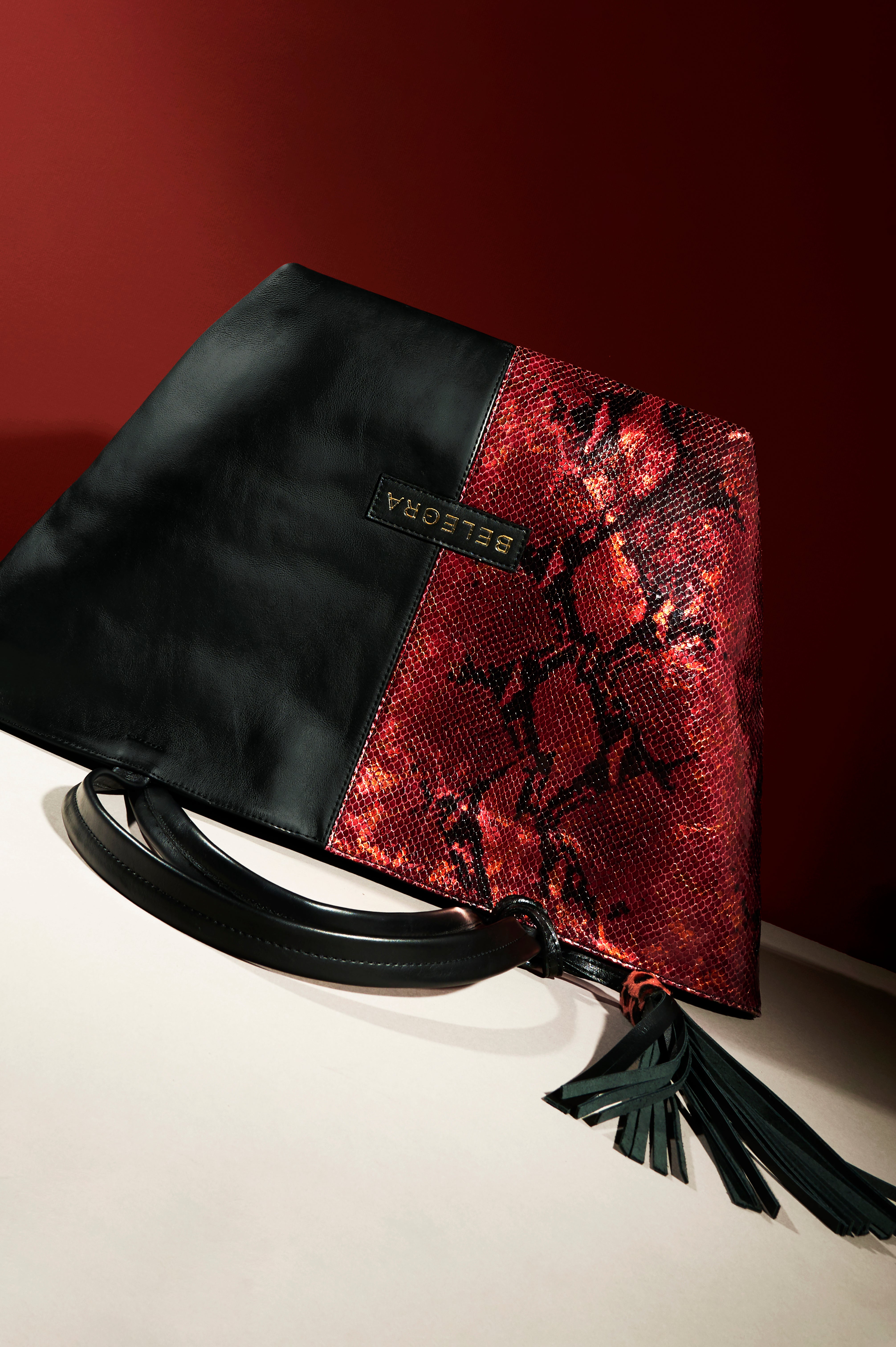 Amara Tote: Black & Shimmer Red Snake Print