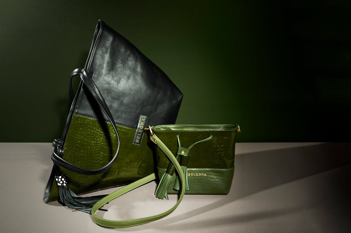 Amara Tote: Green Croc Print & Black