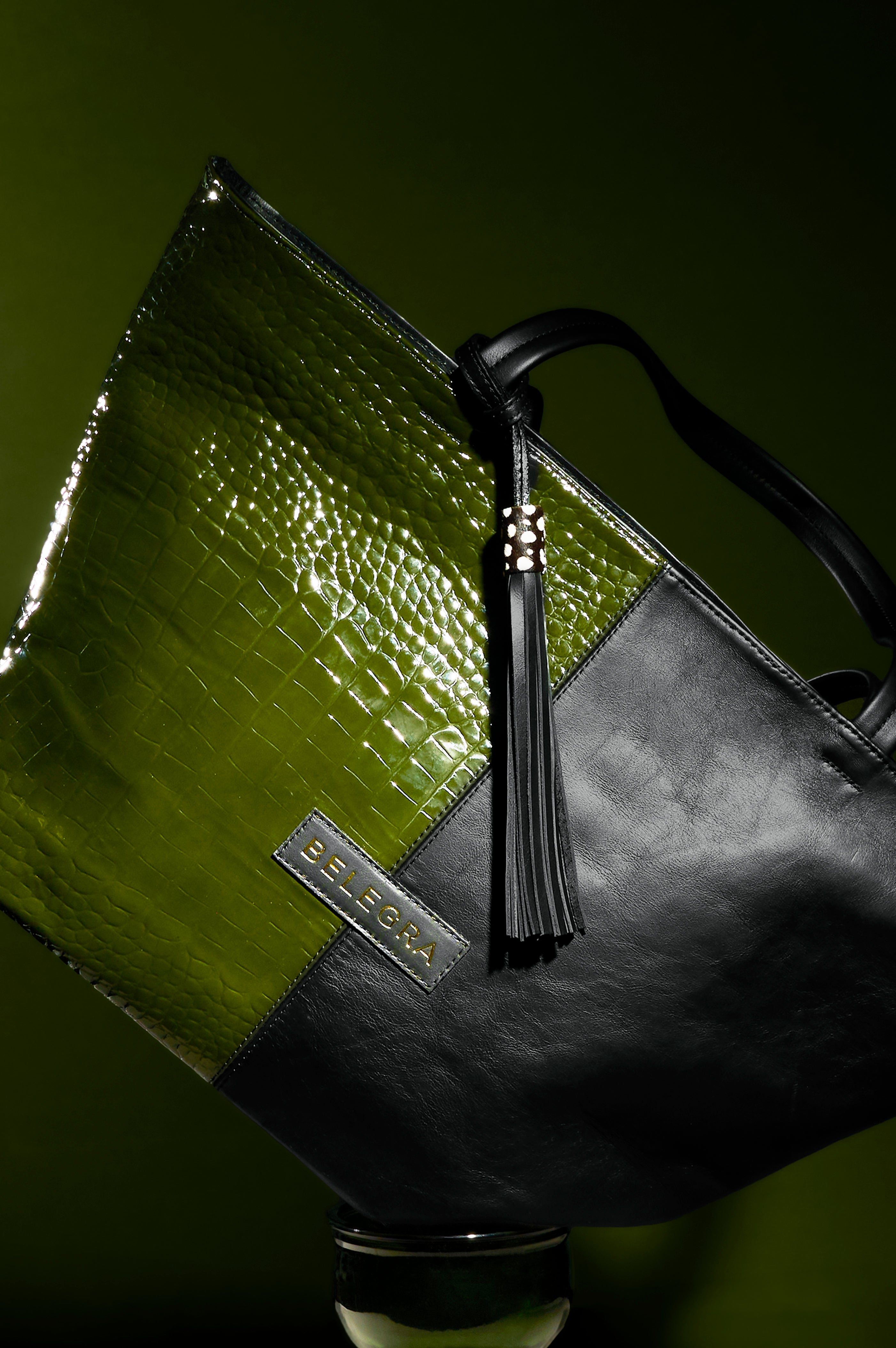 Amara Tote: Green Croc Print & Black