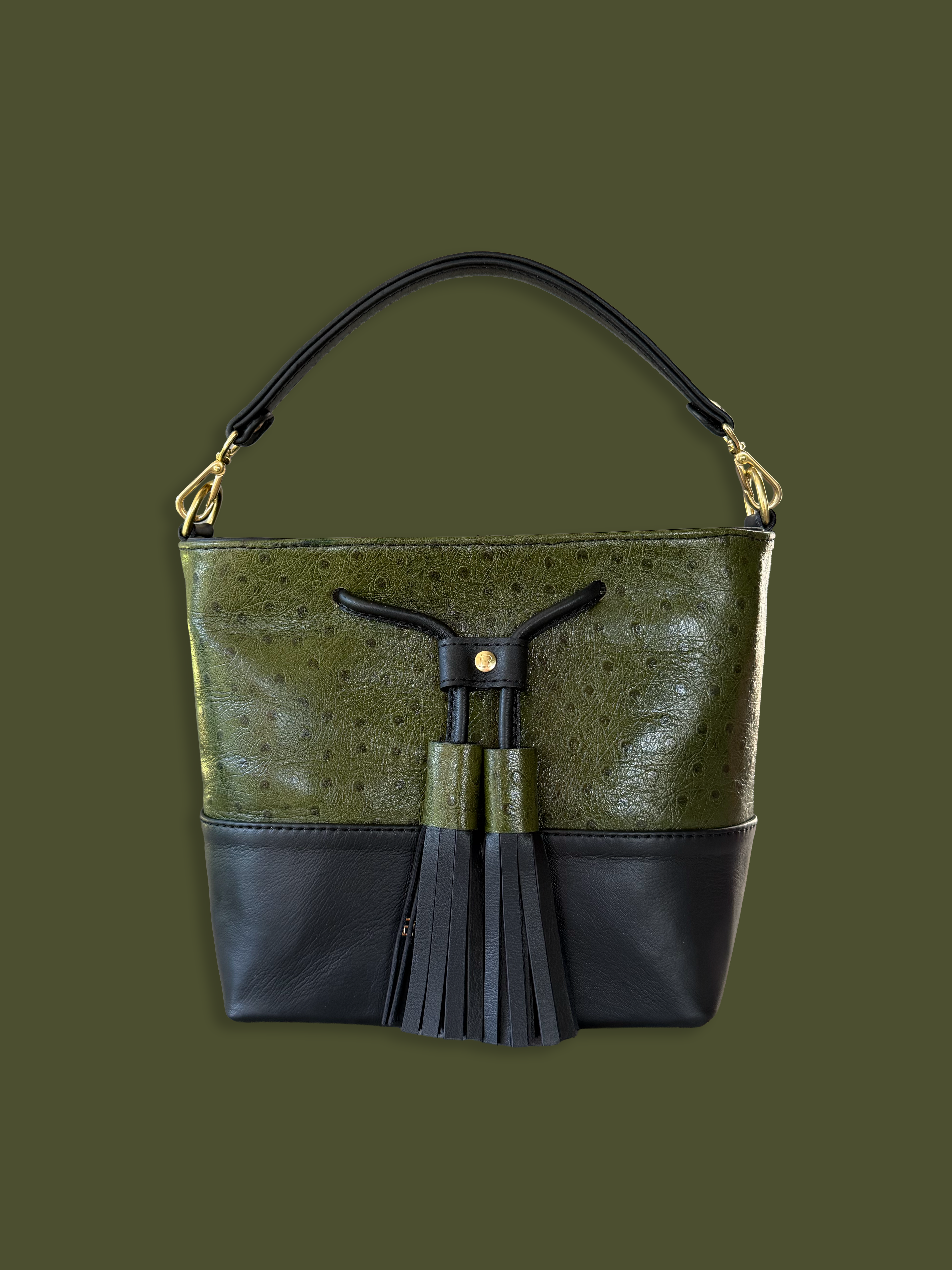 Mara Bucket: Navy &amp; Green Ostrich Print