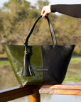 Amara Tote: Green Croc Print & Black