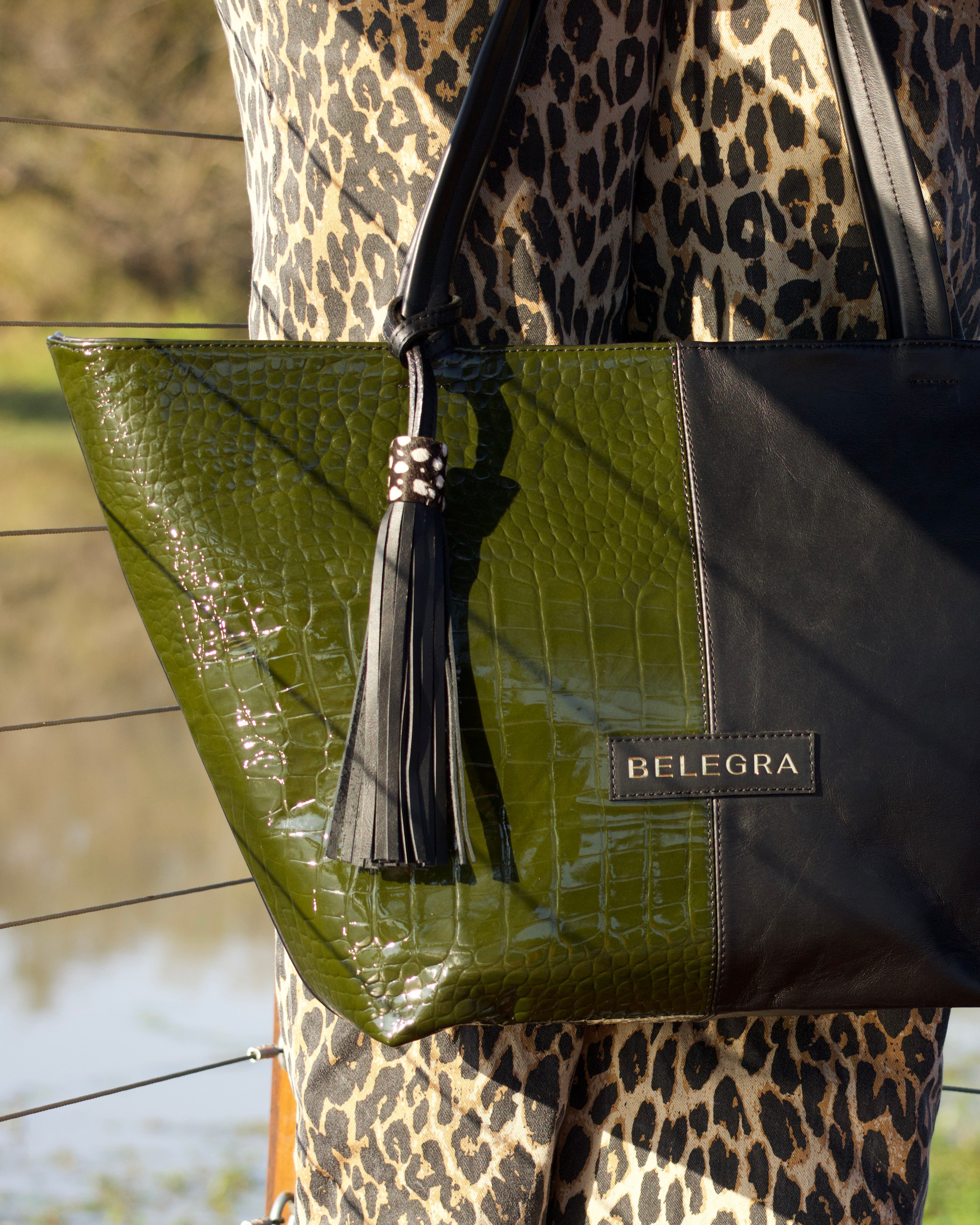 Amara Tote: Green Croc Print &amp; Black
