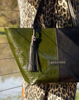Amara Tote: Green Croc Print & Black