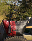 Amara Tote: Black & Shimmer Red Snake Print