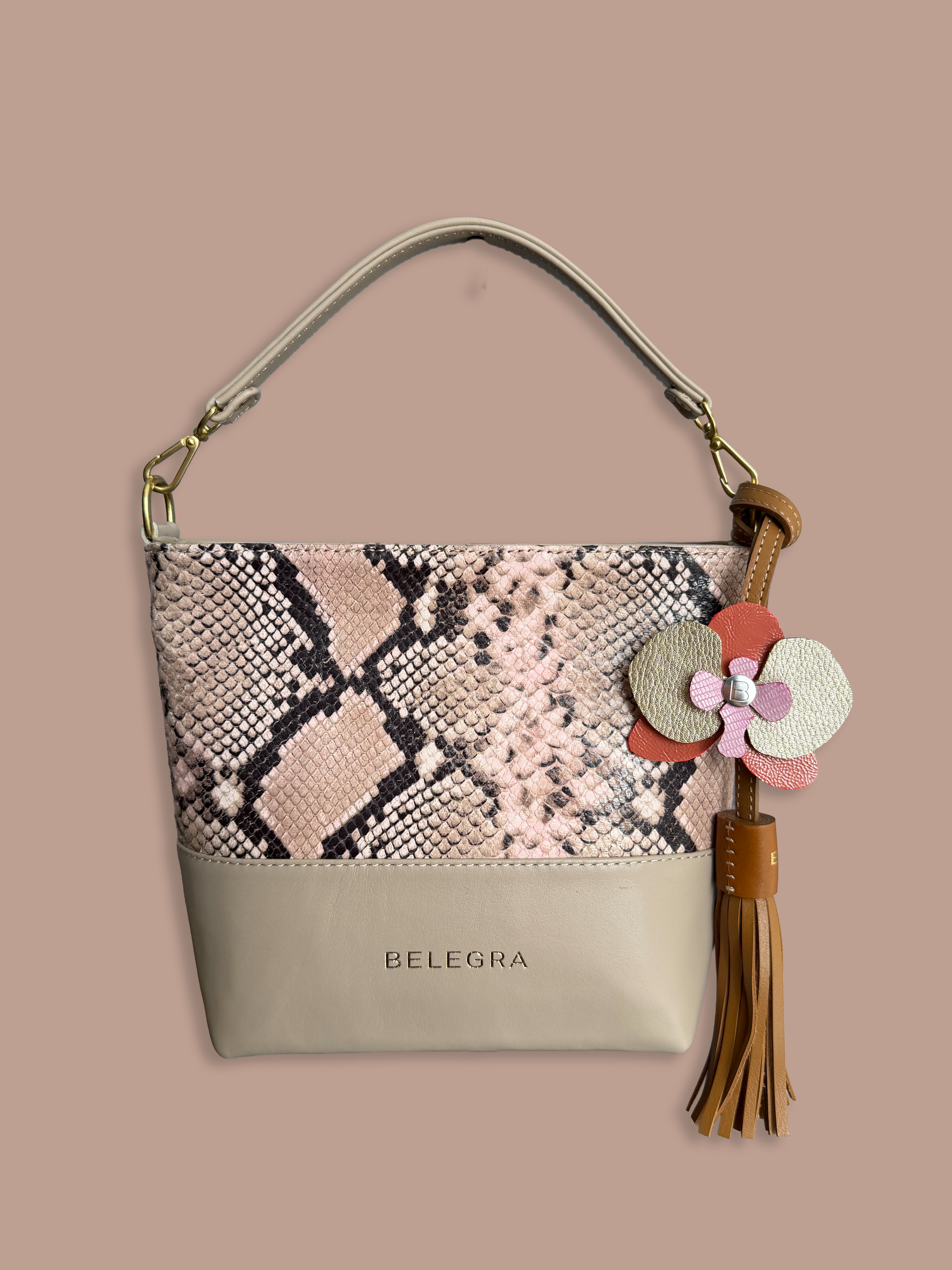 Mara Bag: Pink Snake Print &amp; Taupe