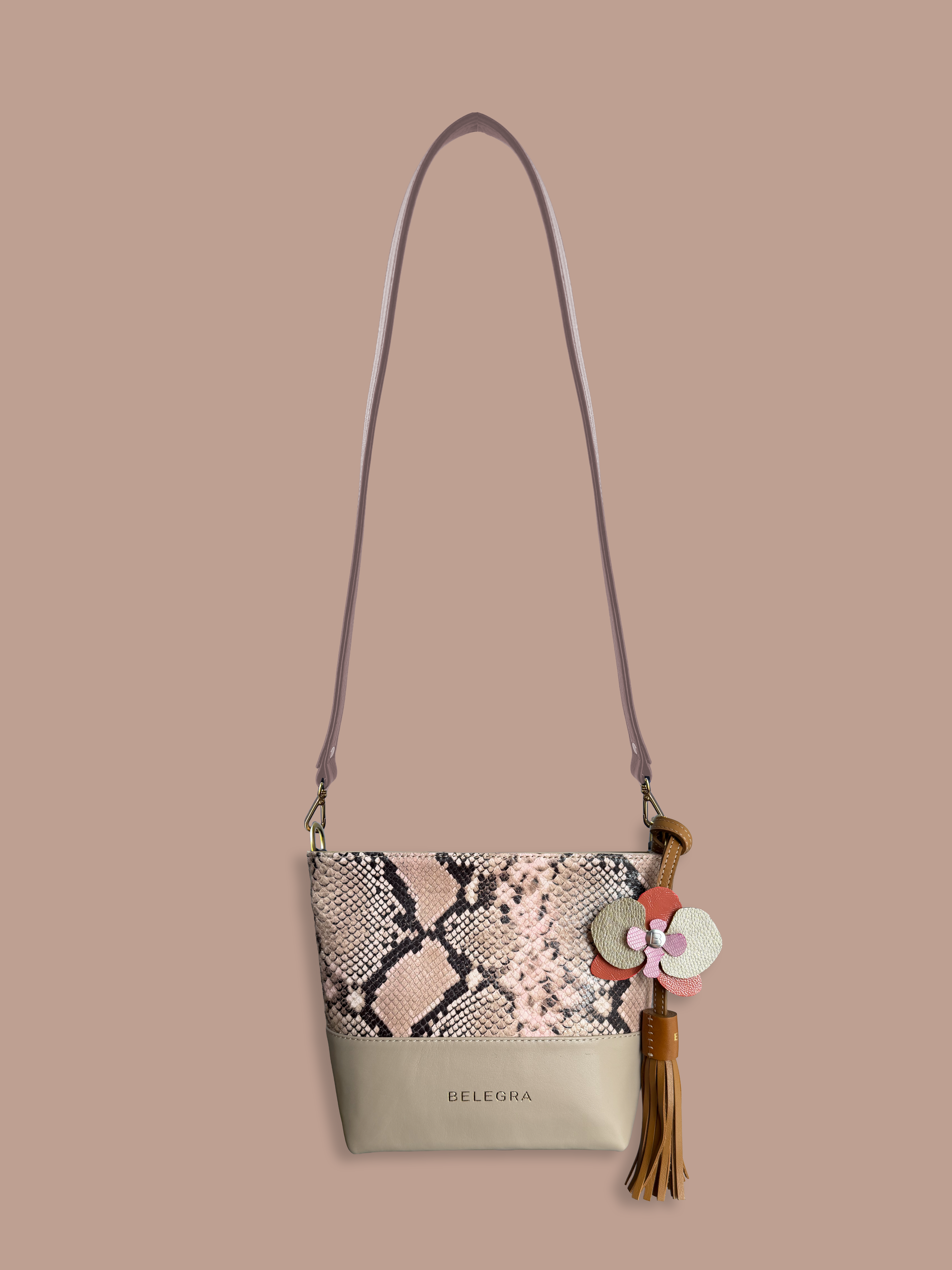 Mara Bag: Pink Snake Print &amp; Taupe