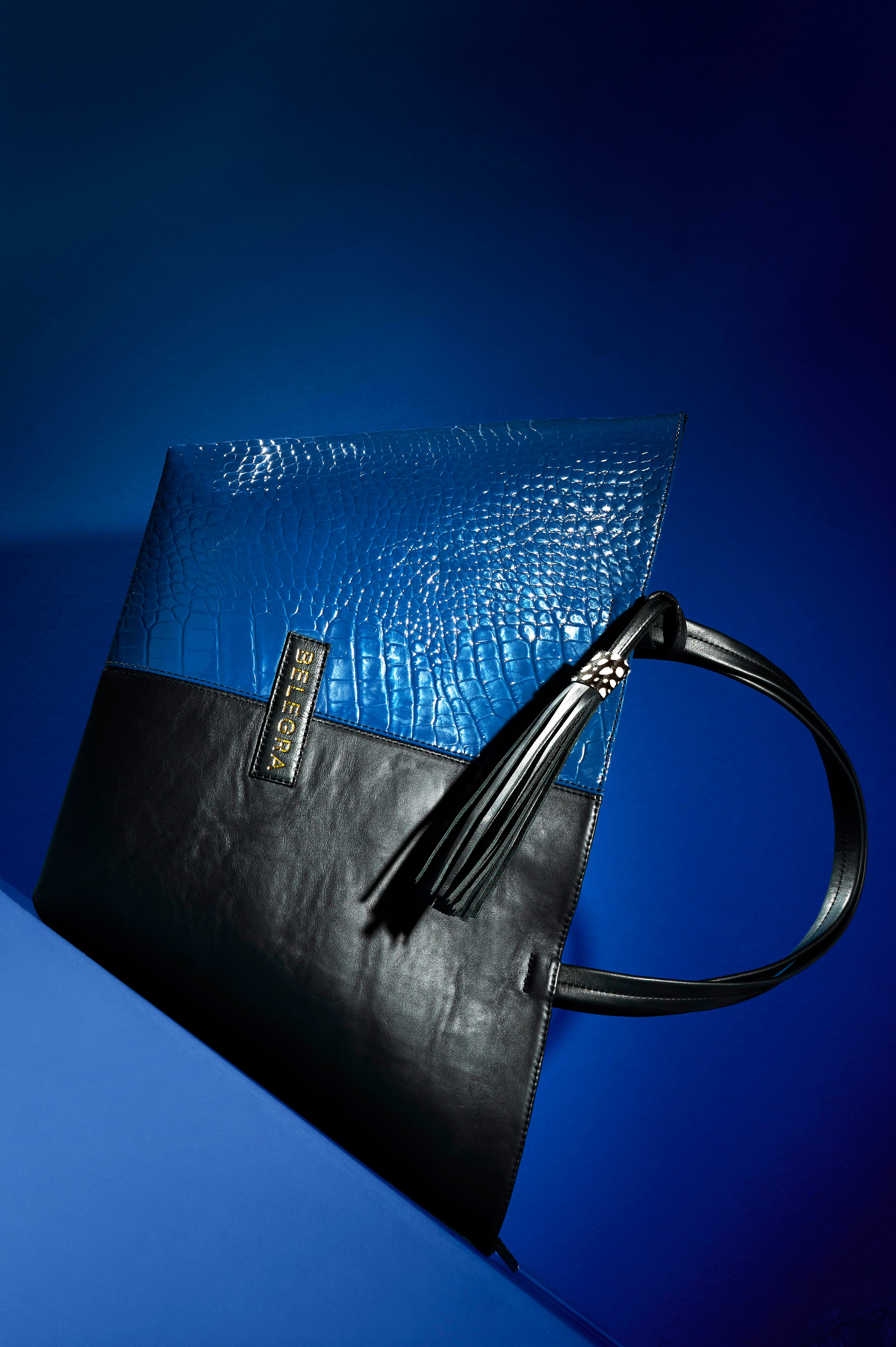 Amara Tote: Blue Croc Print &amp; Black