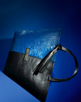 Amara Tote: Blue Croc Print & Black