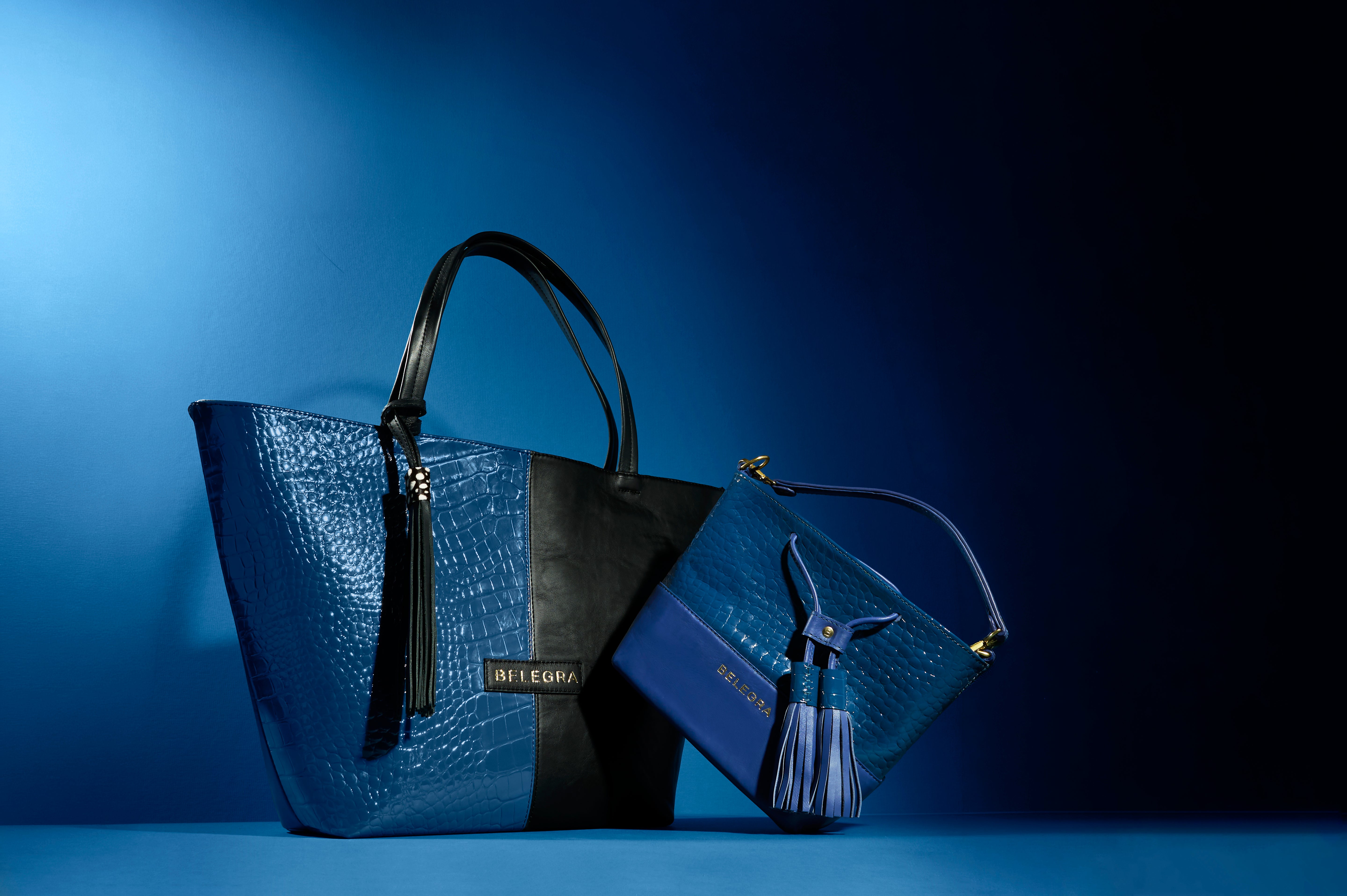 Amara Tote: Blue Croc Print &amp; Black