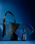 Amara Tote: Blue Croc Print & Black